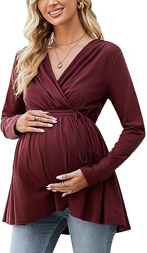 OUGES 2025 Womens Maternity Nursing Tops/Shirts Long Sleeve Wrap V Neck Tie Back Maternity Clothes/Tunic Casual Pregnancy Blouse(Wine,L)
