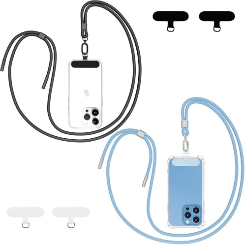Qyoocom Handykette Universal für alle Smartphones,2 Stück Schlüsselband Kette zum Umhängen mit 4 Universelles Pad,Einstellbar und Abnehmbar. (Schwarz+Blau)