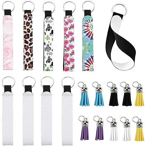 runrayay 30Pcs Sublimation Blanks Wristlet Set, 10Pcs Sublimation Keychain Blank Neopren Wristlet & 10Pcs Bunte Sublimation Keychain Quasten & 10Pcs Jump Rings