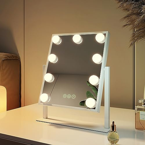EMKE Hollywood Schminkspiegel mit Beleuchtung 25x30cm Weiß, dimmbar | 360 Grad drehbar, 9 LED Lampen, 3 Lichtfarben, Speicherfunktion, Kosmetikspiegel für Schminktisch
