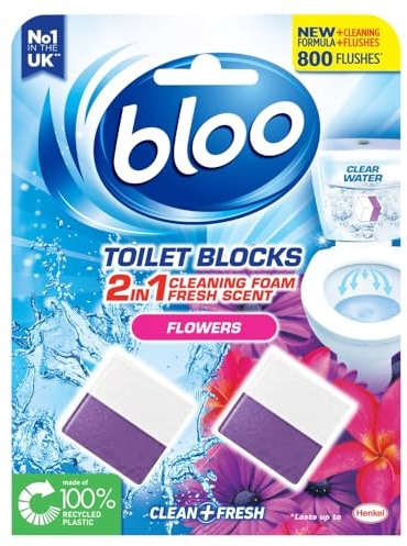 New - Bloo 3in1 Toilet Blocks, Pack of 2, Limescale Remover Cistern, Cleaner with Cleaning and Foaming Action, Fresheners – Fresh Flowers