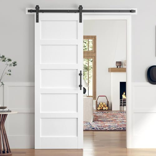 ROYMELO 30x84 Inch White Sliding Barn Door Slab with 5.5ft Hardware Kit Included, 5-Panel, MDF Wood Panel Covered with Water-Proof Scratch-Proof PVC Surface, Simple DIY Assembly
