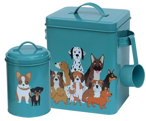 Simpa 3PC Metal Food Storage Set With Quirky Pack Illustration: Dog Food Tin, Treats Tin & Serving Scoop - Turquoise Green Finish