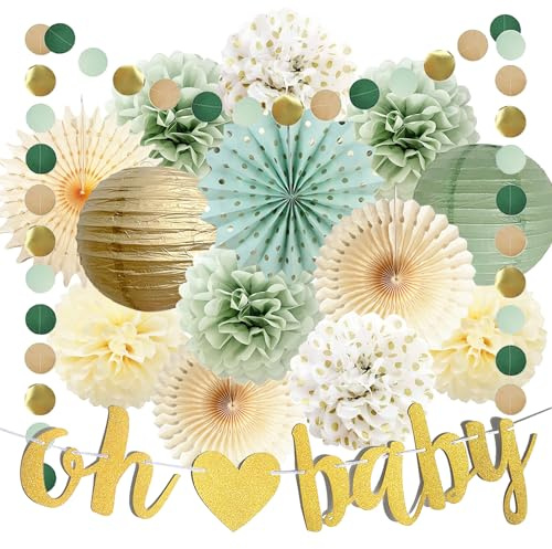 Salbeigrün Baby Shower Deko Babyparty Dekoration Papier Pom Poms Blumen Papier Fans Kreis Punkt Girlande Neutrale Party Supplies Junge Mädchen Geschlecht Enthüllen Geburtstags Dekoration
