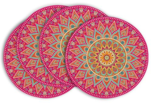 Artoid Mode Pink Yellow Mandala Round Placemats Set of 4,14 Inch Seasonal Spring Table Mats for Party Kitchen Dining Decoration
