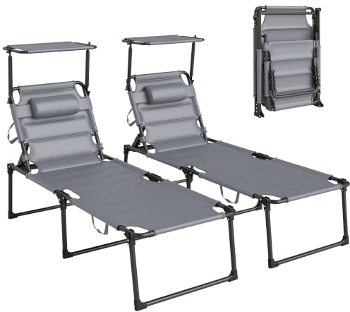 Outsunny Set 2 Lettini Prendisole con Schienale Reclinabile in 4 Posizioni e Poggiatesta, Lettini da Giardino Pieghevoli in Metallo e Poliestere, 70x201.5x45 cm, Nero e Grigio