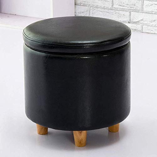 Fußhocker, rund, Leder, mit Stauraum, Ottomane, Sitzbank, Spielzeugkiste mit Scharnier, Organizer-Box, Sitztruhe, Fußhocker mit Stauraum/Schwarz/42 * 42Cm (17 * 17Zoll)