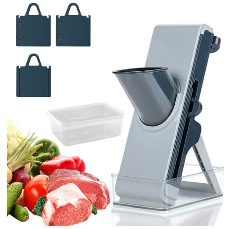 CVNIMV Veggie Cutter, for Vegetables Cutting Frozen Meal or Sausages Kitchen Chopper, Veggie Cutter with Container, Thickness Adjuster Multi Blades,Grey (Blue)