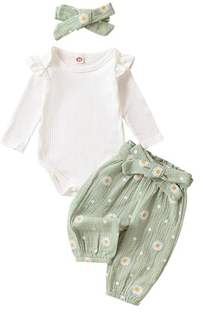 Geagodelia Baby Mädchen Kleidung Babykleidung Outfit Set Langarm Body Strampler + Gänseblümchen Hose + Stirnband Neugeborene Weiche Babyset (Grün, 0-3 Monate)