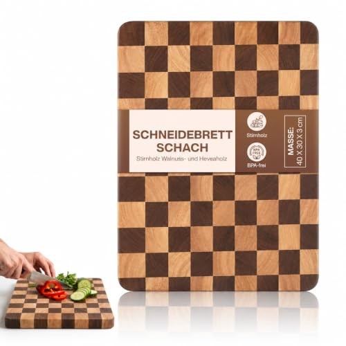 Premium Schneidebrett PERSONALISIERBAR Schachbrett aus Akazien- und Heveaholz - 40 x 30 x 3 cm aus Stirnholz mit Optionaler Saftrille - Holzschneidebrett Groß mit Standfüßen