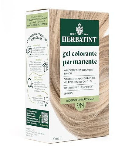 Herbatint Permanente Haarfarbe Gel 9N Hellblond – 170 ml | Ammoniakfrei, 100% Abdeckung für weißes Haar | für empfindliche Haut, mit 8 natürlichen Bio-Extrakten
