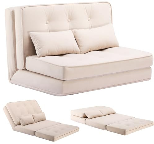 COMHOMA Sofa Couch Schlafcouch Klein Bed 2er Mini Bettsofa 6-Stufig Verstellbare Rückenlehne, Wohnzimmer, Schlafzimmer und Camping, Beige