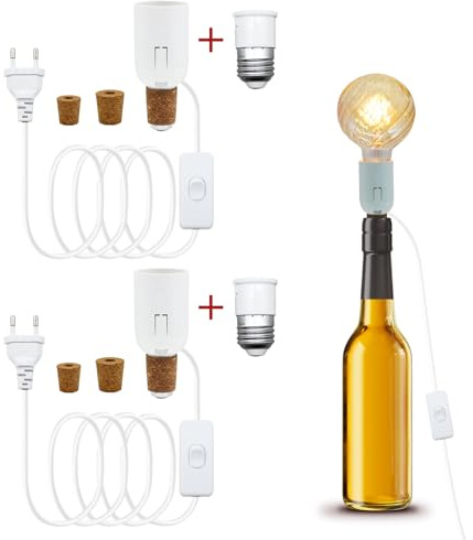 B22 Portalámpara de Lampara Botella Vino, Lampara para Botella con Cable de 240 CM y EU Enchufe con Dos Adaptador Casquillo E27 a B22, Bottle Lamp Kit para varias aberturas de botellas(Sin bombilla)