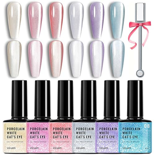 6 Kristall Nagellack Set - Wasser Hell Shellac UV Gel Mit Cat Eye Glitzer-Schimmer-Aurora Effekt - Für Maniküre und Nagelkunst DIY zu Hause Mit Magnet
