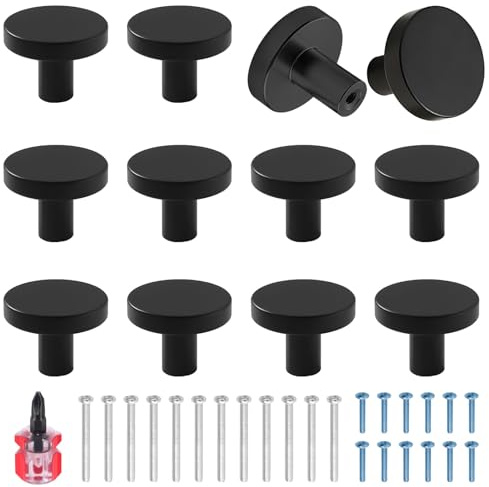 Haisheng 12 PCS Matte Black Metal Cabinet Knobs - Modern Round Door Handles for Furniture, Drawer, Wardrobe with Long/Short Screws