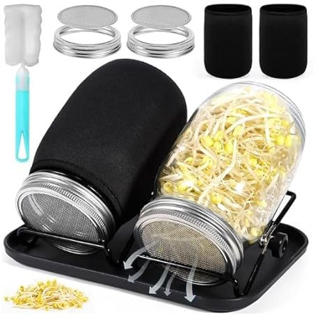 LUXECOVE 2er-Pack Keimglas, 1000-ml-Keimglas mit 2 verstellbaren Ständern, 2 Becherhülsen, Einer Bürste und einem Tablett, sprossen anzuchtset, geeignet für Sojasprossen, Samenkeimgläser