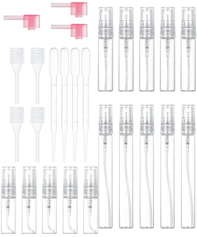 TPZORJX 15Pcs Parfümzerstäuber Glas, Duftproben Fläschchen,Klein Parfüm Zerstäuber Nachfüllbar, mit Pipetten und Presskopf für Parfüm, Körperpflege Flüssigkeit, Kosmetik,3ml/5ml/10ml