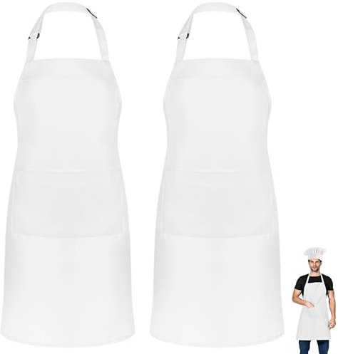 DDUP Kitchen Apron, Adjustable Black Kitchen Chef Aprons with 2 Pockets, Women Men Aprons for Home Kitchen, Restaurant, Coffee House, Baking Gardening BBQ, Professional Apron (Black) (White-Pack of 2)