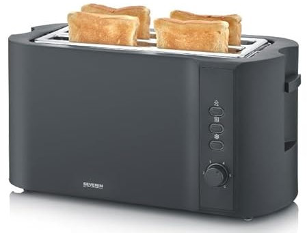 SEVERIN Tostadora de ranura larga, 4 rebanadas con accesorio integrado para panecillos, 2 ranuras de tostado largas, niveles de calentamiento ajustables, 1.400 W, negro mate, AT 2591