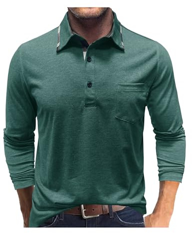 Aro Lora Mens Long Sleeve Polo Shirts Casual Golf Polo T-Shirts Grandad T Shirt with Pocket Green XXXL