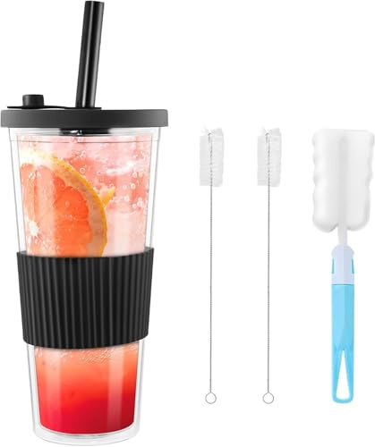 Uppsättning av 2 plastmuggar med lock och sugrör, 710 ml bubble temugg med rengöringsset, multi-vägs mugg, dubbelväggig isoleringskopp för iskaffe, som en gåva för semester och resor