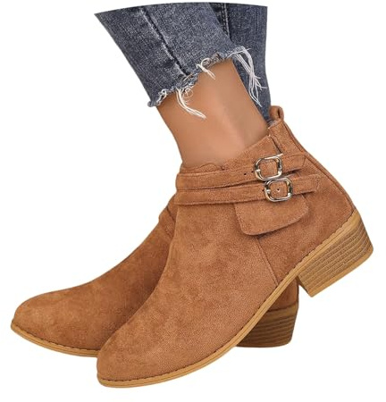 LDXEQIZ Botines Vintage Botas Cortas De Ante for Mujer 2025 Nuevo Boots con Doble Hebilla Botines Cómodos De Tacón Ancho Zapatos De Tobillo De Talla Grande con Cremallera Lateral(43 EU)