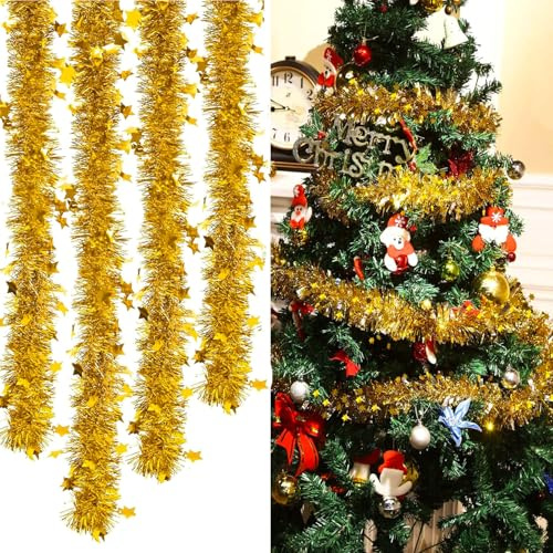 Ghirlanda Natalizia, 8PCS x 2M Tinsel Ghirlanda Natalizia, Festoni Natalizi, Ghirlanda Albero di Natale, Ghirlanda di Orpelli di Natale, Ghirlanda Di Decorazioni Natalizie (Oro)