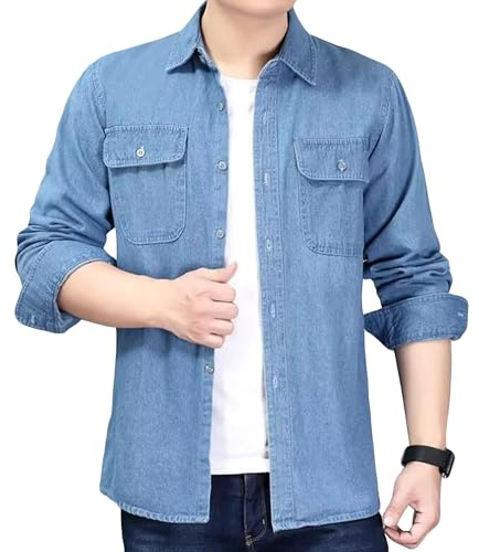 Camicie da uomo in denim con risvolto sciolto in cotone da lavoro vestibilità regolare camicia con tasche in jeans a maniche lunghe in denim leggero