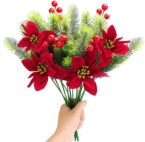 BINYI Lot de 4 branches de sapin artificielles comme de vraies baies rouges - Branches de Noël artificielles - Bouquet de Noël - Décoration de Noël