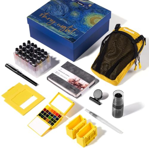 LIGHTWISH Reise-Wasserfarben-Set, 24 Farben Komplettes Tragbares Mal-Set mit Wasserpinsel, Wasserfarben-Tagebuch, Keramikpalette & Sucher – für Künstler & Anfänger Outdoor(Yellow)