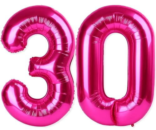 30 palloncini giganti a elio con numero 30, 101 cm, colore fucsia, decorazioni per 30° compleanno, anniversari, eventi, decorazioni per feste femminili (rosa acceso)