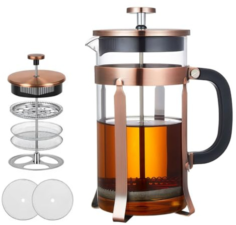 OuryTech French Press 1 Litro, Preparador de café con 4 filtros de Acero Inoxidable 304, Jarra de Vidrio de borosilicato Resistente al Calor, 100% Libre de BPA