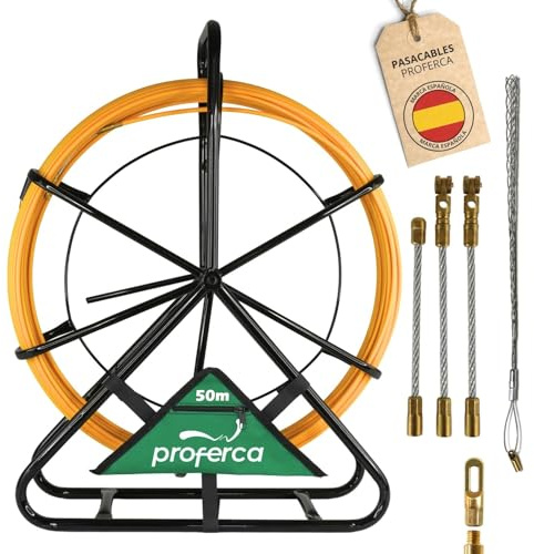 PROFERCA Guia Pasacables Profesional 6mm y 50 metros de Fibra de Vidrio Reforzada | Guia con Contenedor y Accesorios intercambiables| Especial Jardines | Malla Tiracables