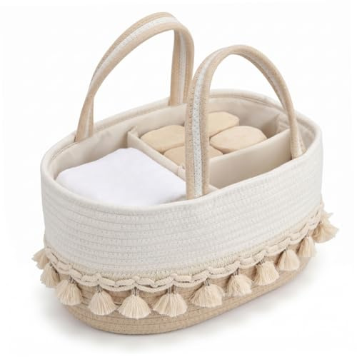 Organisatörer, babyblöja caddie organiserare med avtagbara avdelare, handvävd barnkorg med tofshandtag, kaki och vit, 35 x 20 x 20 cm