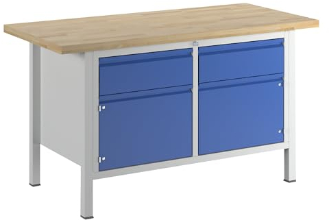 RAU | Werkbank | Gestellbauweise | 2 Schubladen | 2 Türen | Plattenbreite 1500 mm | enzianblau