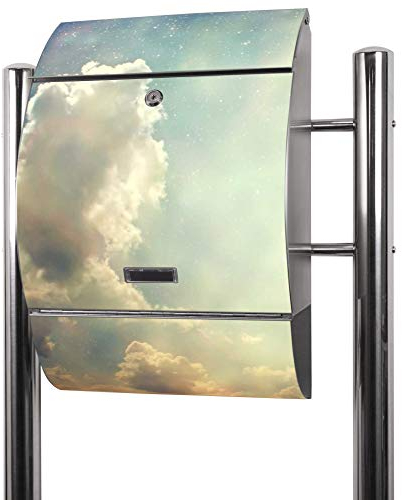 banjado® Standbriefkasten Edelstahl mit Zeitungsfach Motiv Himmel Vintage/Briefkasten mit Standfuß/Edelstahl Briefkasten freistehend - A4 Einwurf inkl. 2 Schlüssel