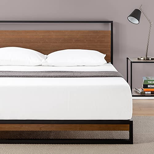 Zinus Suzanne Metal and Bamboo Bed Frame | Double 135x190 cm | 18 cm High | Low Profile | Headboard | Wood Slat Support | Easy Assembly | Black