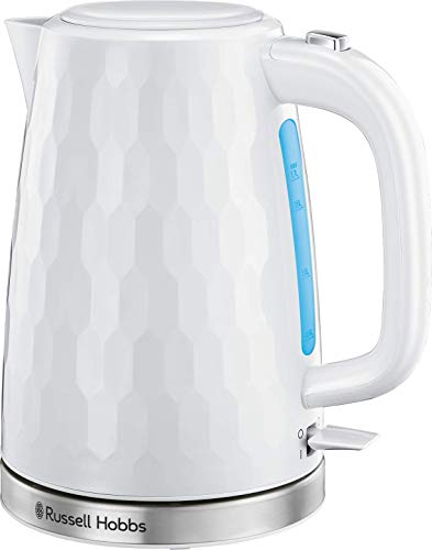 Russell Hobbs Honeycomb Electric 1.7L Cordless Kettle (Fast Boil 3KW, White premium plastic, matt & high gloss finish, Removable washable anti-scale filter, Push button lid, Perfect pour spout) 26050
