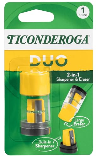 Ticonderoga Duo 2-in-1 Pencil Sharpener & Eraser, Yellow, 6 Count