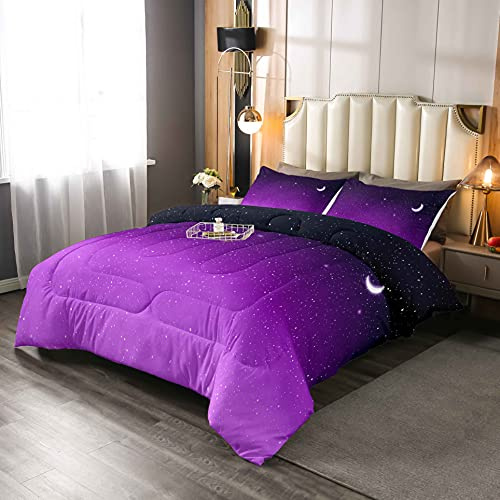 Loussiesd Purple Galaxy Duvet Single Star Moon Printed Quilted Outer Space for Teens Kids Girls Boys Galaxy 4 Seasons Duvet Soft Breathable Microfiber