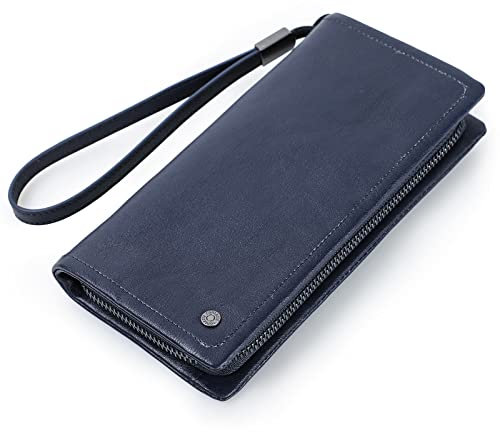 Contacts Pochette da uomo in vera pelle, con cerniera, portafoglio lungo con cerniera, porta carte di credito, borsa grande da viaggio per telefono e passaporto con cinturino da polso, Blu, Taglia