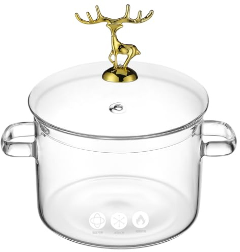 Vaguelly Olla de vidrio, olla de cocina de vidrio transparente con tapa, olla de cocción a fuego lento de 1500 ml, olla de estofado apta para microondas y lavavajillas, utensilios de cocina de doble