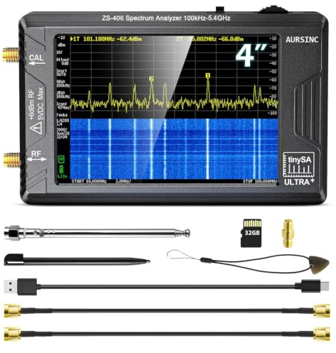 AURSINC 2025 HW V0.4.6 TinySA Ultra+ ZS406 Spektrumanalysator, 100 kHz-5,4 GHz 4,0-Zoll Handheld Frequenzanalysator mit 32 GB Karte, 2-in-1-Signalgenerator MF/HF/VHF UHF-Eingang