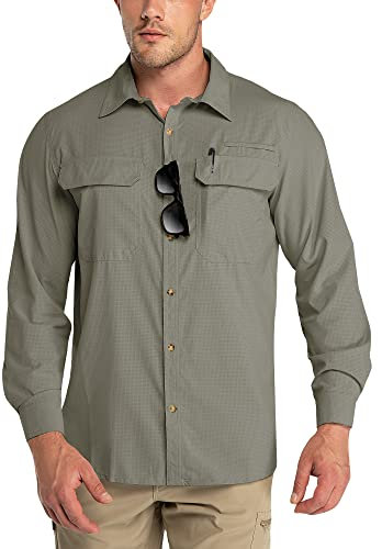 Outdoor Ventures Men's Long Sleeve Shirts UV Protection Outdoor Shirts Breathable Button-Down Shirt Wicking Quick Drying Safari Shirt with Pockets for Hiking Fishing Golfing, Grey Green, L