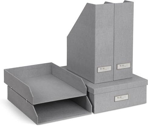 BIGSO HOLGER 5-teiliges Schreibtisch Set – Ordnungssystem mit 2 Stehsammlern, 2 Briefablagen und einer Box – Organizer aus Faserplatte und Papier in Leinenoptik – hellgrau