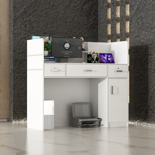 PREMTURE Reception Desk with Lockable Drawers, Reception Counter, Shop Counter Sales Desk, Office Furniture Reception Furniture with 3-Drawers and 1-Cupboard, 120W x 48D x 110H cm (White)