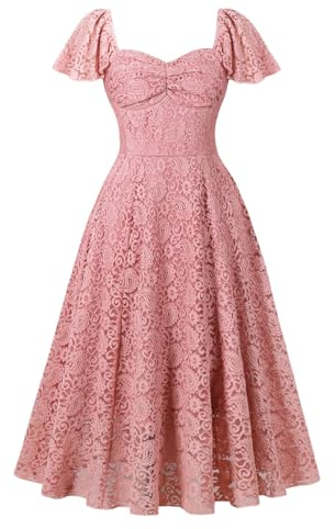 Wellwits Women's Ruffle Sleeves Floral Lace Midi Cocktail Vintage Tea Dress Pink L