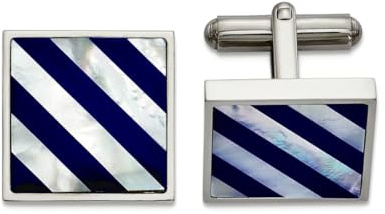 Manschettenknöpfe für Herren, Edelstahl, poliert, mit simuliertem Perlmutt und blauer Muscheleinlage, 17,21 mm