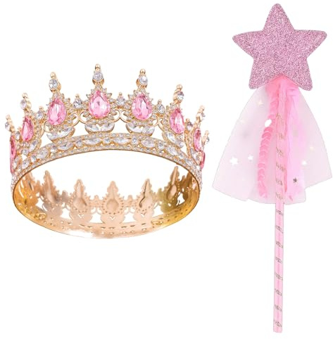 Prinzessin Krone Mädchen, Zauberstab Set Pink, 2-teiliges Diadem und Magie Stab für Geburtstag, Hochzeit, Kostümparty, 15 x 5,5 cm und 28,8 x 6,5 cm