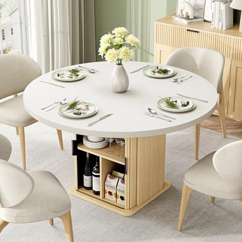 IRONCK 47 Inch Round Dining Table for 4, Modern Farmhouse Kitchen Table with Storage Shelf and Quartz Top, Circle Dinner Table with Wooden Base and Wood Slide Doors for Kitchen Dining Room, Oak